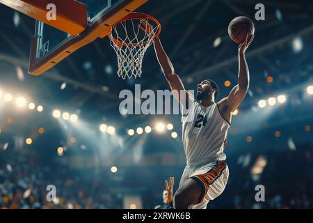 Giocatore di squadra professionista di basket che corre con la palla a canestro, giocatore di basket in azione, che corre con la palla sul campo. Foto Stock