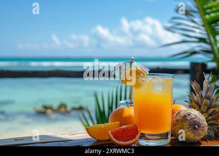 Ombrello decorativo per cocktail freschi di frutta ghiacciata circondato da frutti tropicali con paglia sulla spiaggia, cocktail colorati e onde oceaniche Foto Stock