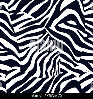 Sfondo bianco e nero con stampa di animali selvatici da safari, sfondo astratto senza cuciture con motivo zebra. 3D Swirl bianco e nero. Foto Stock