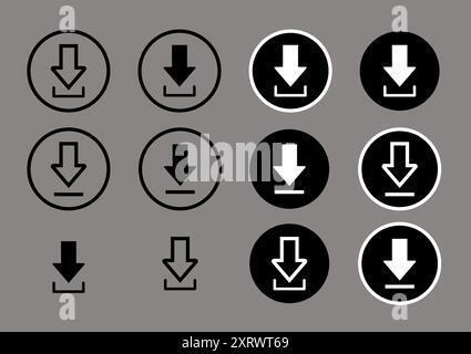 Icona di download, simbolo di caricamento. Pulsante di download e icona di download immagine vettoriale piatta. Illustrazione Vettoriale