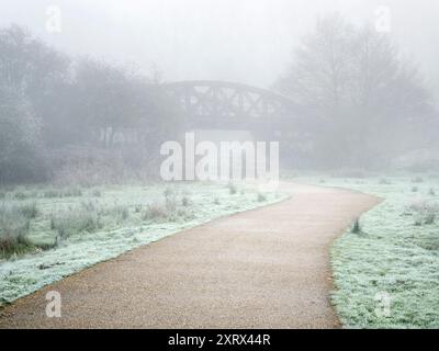 Una parte panoramica del fiume Tamigi che si unisce all'Hinksey Stream a Kennington. Questo fa parte del Tamigi Path, e la scena è dominata da questo ponte ferroviario abbandonato. Qui sembra strano e misterioso nella fitta nebbia invernale. Foto Stock