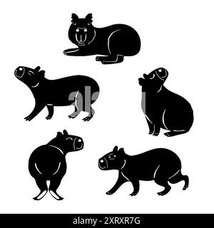 Divertenti silhouette Capybaras dei cartoni animati, isolate sul bianco Illustrazione Vettoriale