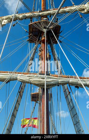 Montante principale e rigging, Galeon Andalucia (XVII secolo replica), Miami, Florida USA Foto Stock