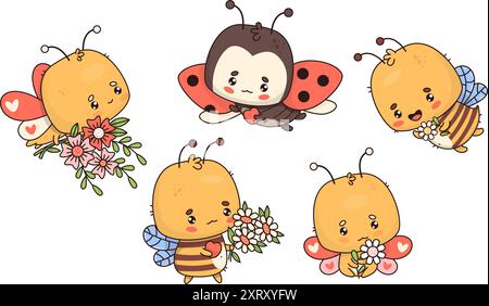Carini insetti natalizi. Farfalla cartoni animati, api e coccinelle con bouquet di fiori e cuore. Personaggio divertente isolato in stile kawaii. Illus vettoriale Illustrazione Vettoriale