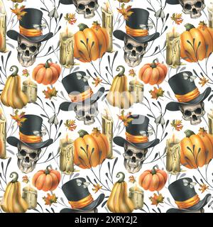 Teschi umani in cappello nero con zucche arancioni, falena, candele e foglie d'acero autunnale. Illustrazione ad acquerello disegnata a mano per Halloween. Senza interruzioni Foto Stock