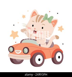 Carino gatto di cartoni animati in un'auto rosa. Gattino. Illustrazione disegnata a mano per bambini, stile scandinavo. Illustrazione Vettoriale
