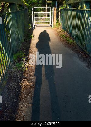 La mia ombra sul ponte pedonale sul Tamigi, Kennington. Questa passerella fa parte della mia passeggiata preferita sul Tamigi, tra Sandford e Oxford, in Inghilterra. Questo tratto del sentiero è molto amato da escursionisti, jogging e ciclisti. Ma e' molto presto, e per il momento e' deserta. Solo la mia ombra... Foto Stock