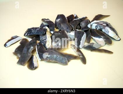 Fiocchi affilati provenienti da un grembo di pietra utilizzato come strumenti nel Paleolitico Foto Stock