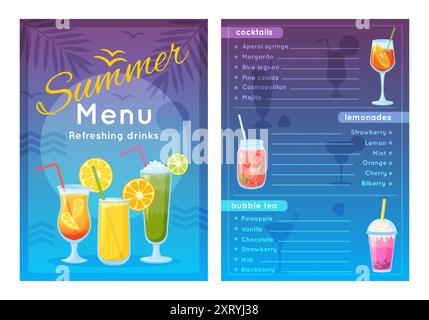 Menu del bar estivo sulla spiaggia. Cocktail da festa. Elenco dei modelli di design per bevande fresche. Limonate fatte in casa. Bollicine di tè. Frullato rinfrescante. Analcolico Illustrazione Vettoriale