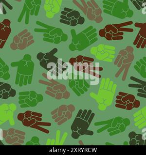 Rock, carta, forbici motivo militare senza cuciture. Mano pugno gioco esercito sfondo. Fingers gioco ornamento mimetico. Illustrazione Vettoriale