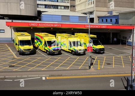 Ambulanze parcheggiate presso l'unità di emergenza, University Hospital of Wales, Heath Park, Cardiff. Galles del Sud. Presa agosto 2024 Foto Stock