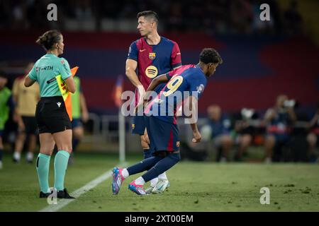 Lamine Yamal (FC Barcelona) durante un Joan Gamper Trophy all'Estadi Olimpic Lluis Companys a Barcellona, Spagna, il 12 agosto 2024. Foto di Felipe Mondino Foto Stock