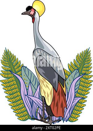 Uccello della gru coronato grigio in illustrazione vettoriale delle piante tropicali Illustrazione Vettoriale