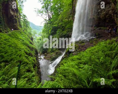 Cascata il Gigante o Velikan in Abkhazia, grande primavera in montagna in estate, punto di riferimento naturale. Concetto di foresta, acqua, natura, paesaggio, viaggio Foto Stock