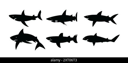 Icona sottomarina isolata con sagoma vettoriale dello squalo. Clip artistica con logo nero e icona sagomata con squalo marino. Illustrazione Vettoriale