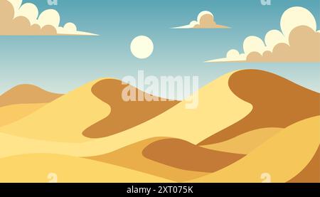 Illustrazione vettoriale del paesaggio delle dune del deserto. Sfondo montagna duna del deserto realistico cartone animato sahara africa giallo scena Illustrazione Vettoriale