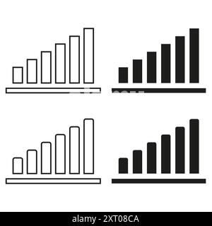 Icone del grafico a barre. Simbolo di avanzamento della crescita. Vettore di analisi dei dati. Bianco e nero. Illustrazione Vettoriale