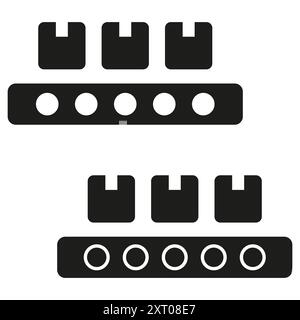 Icona nastro trasportatore. Silhouette nera con scatole su una cintura in movimento. Simbolo di automazione e produzione. Illustrazione vettoriale. Illustrazione Vettoriale