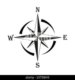 Vettore rosa bussola. Simbolo bianco e nero. Icona di navigazione direzionale. Design nautico dettagliato. Illustrazione Vettoriale