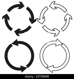 Set di icone con freccia circolare. Bianco e nero. Simboli di riciclo e rotazione. Illustrazione vettoriale. Illustrazione Vettoriale