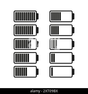 Serie di icone del livello di carica della batteria. Vari indicatori di carica della batteria. Grafica vettoriale minimalista in bianco e nero. Illustrazione Vettoriale