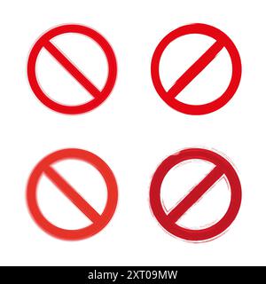 Set di cartelli di divieto rossi. Quattro stili diversi di simboli senza ingresso. Illustrazione Vettoriale