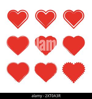 Icone rosse a forma di cuore. Vari stili di contorno. Simboli vettoriali astratti. Tema amore e romanticismo. Illustrazione Vettoriale