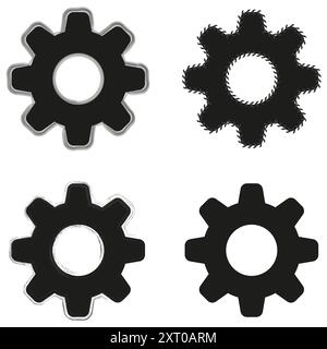 Icone degli ingranaggi nere. Dettagli bordi ruvidi. Vettore di concetto industriale. Illustrazione delle parti meccaniche. Illustrazione Vettoriale