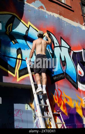 Artista di graffiti maschile spruzza un murale sul lato di un edificio in un festival murale, Vancouver, BC, Canada Foto Stock