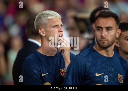 Barcellona, ESP. 12 agosto 2024. FC BARCELONA vs AS MONACO 12 agosto 2024 Dani Olmo al termine della partita tra FC Barcelona e AS Monaco corrispondente al Trofeo Joan Gamper allo Stadio Olimpico di Montjuic a Barcellona, Spagna. Crediti: Rosdemora/Alamy Live News Foto Stock