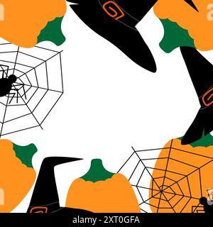 Cornice di Halloween con cappelli da streghe, ragni e zucche in eleganti tonalità natalizie, texture isolata dello sfondo. Copia spazio. Schede per illustrazioni vettoriali, poster, banner, brochure, cartellino prezzi Illustrazione Vettoriale