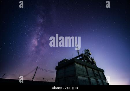 La galassia della via Lattea illumina il cielo notturno con contorni di montagne vivaci e realistici. Preso alla Caoshan radar Station, New Taipei City, Taiwan Foto Stock