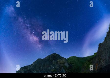 La galassia della via Lattea illumina il cielo notturno con contorni di montagne vivaci e realistici. Preso alla Caoshan radar Station, New Taipei City, Taiwan Foto Stock