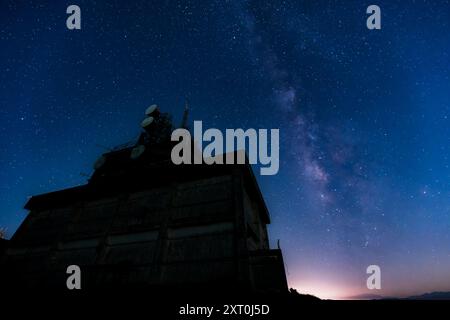 La galassia della via Lattea illumina il cielo notturno con contorni di montagne vivaci e realistici. Preso alla Caoshan radar Station, New Taipei City, Taiwan Foto Stock