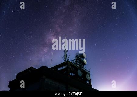 La galassia della via Lattea illumina il cielo notturno con contorni di montagne vivaci e realistici. Preso alla Caoshan radar Station, New Taipei City, Taiwan Foto Stock