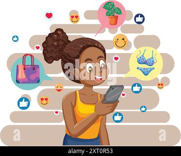 Donna che usa il telefono con icone di social media Illustrazione Vettoriale