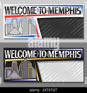 Layout vettoriale per Memphis con spazio per copie, voucher decorativo con illustrazione in linea della moderna città di memphis sullo sfondo del giorno e del tramonto, arte Illustrazione Vettoriale