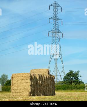 E' subito dopo l'ora del raccolto. Visto in un campo di grano appena fuori dal mio villaggio di casa, Radley, Oxfordshire, questo gigantesco pagliaio sembra aver trascendito il suo nome; forse questo imponente edificio potrebbe essere chiamato "grattacielo di fieno" o "grattacielo di fieno"...? Contrasta piacevolmente con gli onnipresenti piloni elettrici che coprono questa parte rurale dell'Oxfordshire. Foto Stock