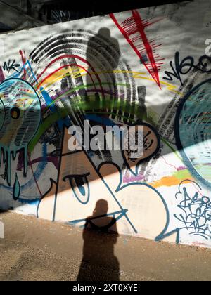 Contrasti. Questa immagine di graffiti sul Tamigi nei pressi di Oxford non mostra il traffico che - giorno e notte - scorre oltre il ponte, trasportando il congestionato Eastern bypass sul fiume. La mia ombra, alla prima luce, sembra adattarsi piuttosto bene con l'opera d'arte.... Forse vi starete chiedendo perché ho due ombre. Facile. Quello inferiore è un'ombra diretta del sole primitivo che strizza sotto il ponte; quello superiore, strisciato, proviene dal sole che riflette sulla superficie strappata del fiume. Ottica in azione... Foto Stock