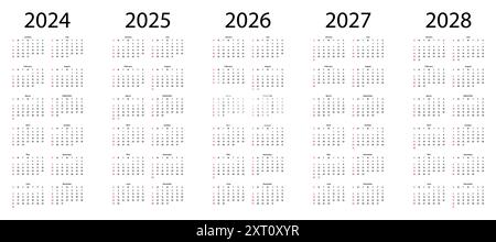 Calendario 2024, 2025, 2026, 2027, 2028 anni. Domenica inizio settimana. Illustrazione minima. Illustrazione Vettoriale