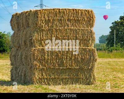 E' subito dopo l'ora del raccolto. Visto in un campo di grano appena fuori dal mio villaggio di casa, Radley, Oxfordshire, questo gigantesco pagliaio sembra aver trascendito il suo nome; forse questo imponente edificio potrebbe essere chiamato "grattacielo di fieno" o "grattacielo di fieno"...? Contrasta piacevolmente con gli onnipresenti piloni elettrici che coprono questa parte rurale dell'Oxfordshire. Nel frattempo, una mongolfiera passa davanti in questa bella e soleggiata mattinata. Foto Stock