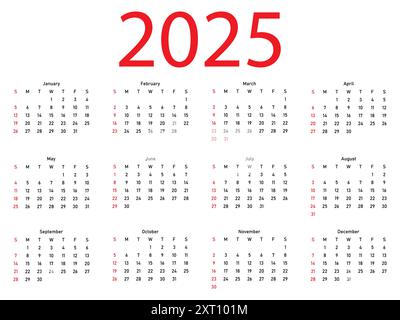 Calendario 2025. Illustrazione vettoriale. Modello semplice Illustrazione Vettoriale