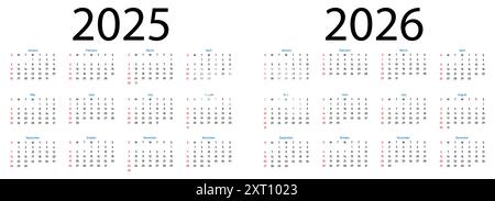 Modello di calendario mensile per 2025 e 2026 anni. Inizio settimana di domenica Illustrazione Vettoriale