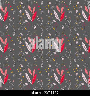 Motivo autunnale senza cuciture su sfondo grigio con foglie e rami rosa. Ideale per sfondi, tessuti e materiali di stampa. Stile autunnale discreto ed elegante. Illustrazione Vettoriale