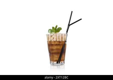 Un bicchiere cristallino presenta un rinfrescante cocktail ghiacciato guarnito con un rametto di menta, completo di due cannucce da sorseggiare Foto Stock