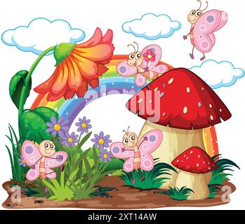 Farfalle colorate in un magico giardino Illustrazione Vettoriale