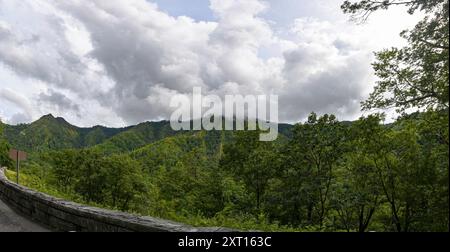 vista panoramica delle montagne vista da Morton sulla nuova Gap Road all'interno del Great Smoky Mountains National Park. Foto Stock