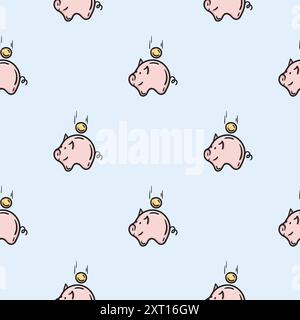 Motivo senza cuciture per avvolgere la carta con le icone del salvadanaio con la moneta. Illustrazione relativa al business, alla finanza Illustrazione Vettoriale