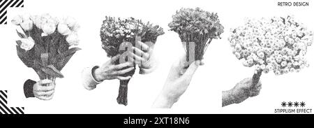 Set di mani umane con bouquet di fiori con effetto fotocopia retrò. Elementi vettoriali con effetto granulosità Illustrazione Vettoriale