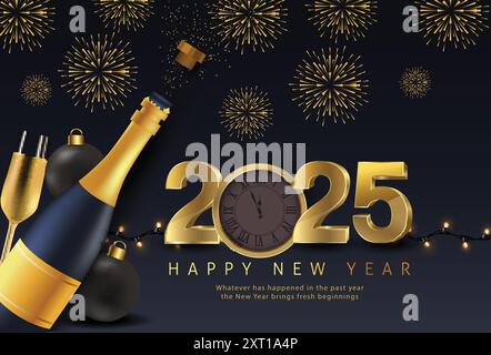 Felice anno nuovo 2023 bottiglia di champagne oro aperto. Biglietto di auguri o invito elegante festa di festa. Disegno di illustrazione vettoriale Illustrazione Vettoriale